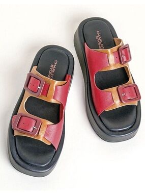 Charlotte Stone chunky colorful Red Slide begonia Sandals women’s 9 GUC read!
